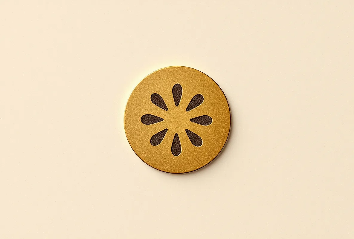 Hand-tooled brass selectivity-glyph stamp in goldenrod on a walnut platform over beige paper