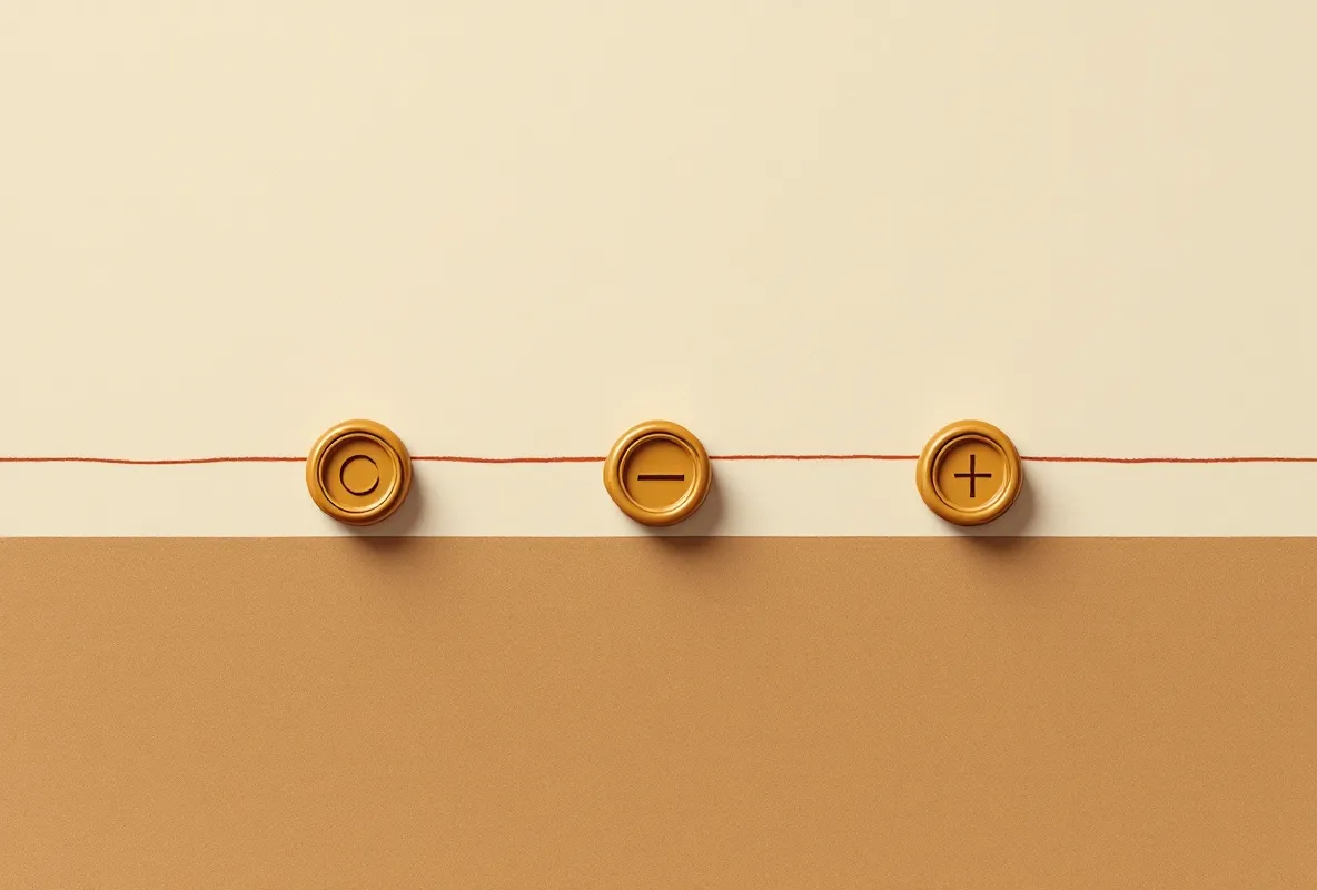 Editorial plate of three abstract cylindrical seals in goldenrod on a walnut band with a rust caution hairline over beige paper