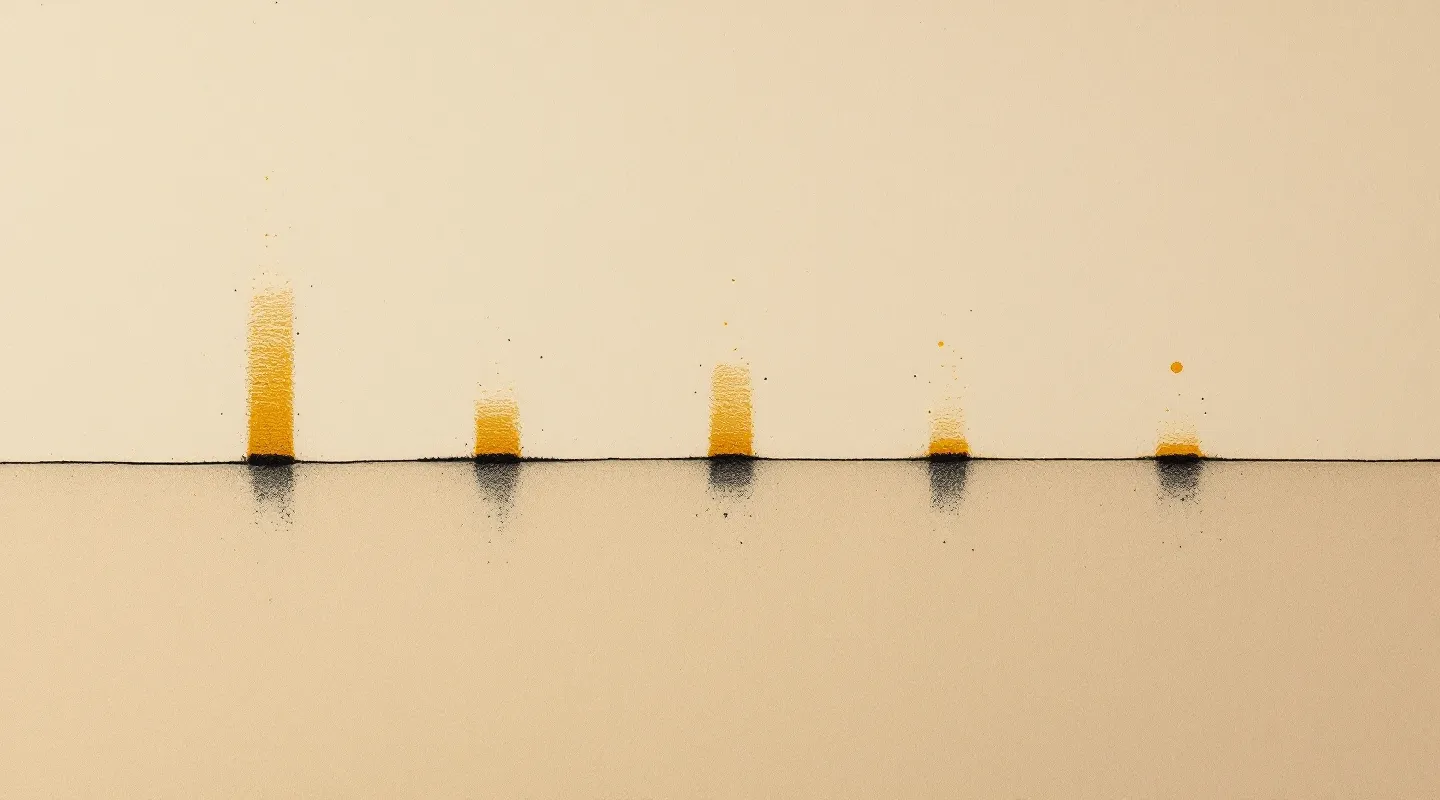 Five uneven goldenrod ledger marks on a walnut horizontal line over beige paper