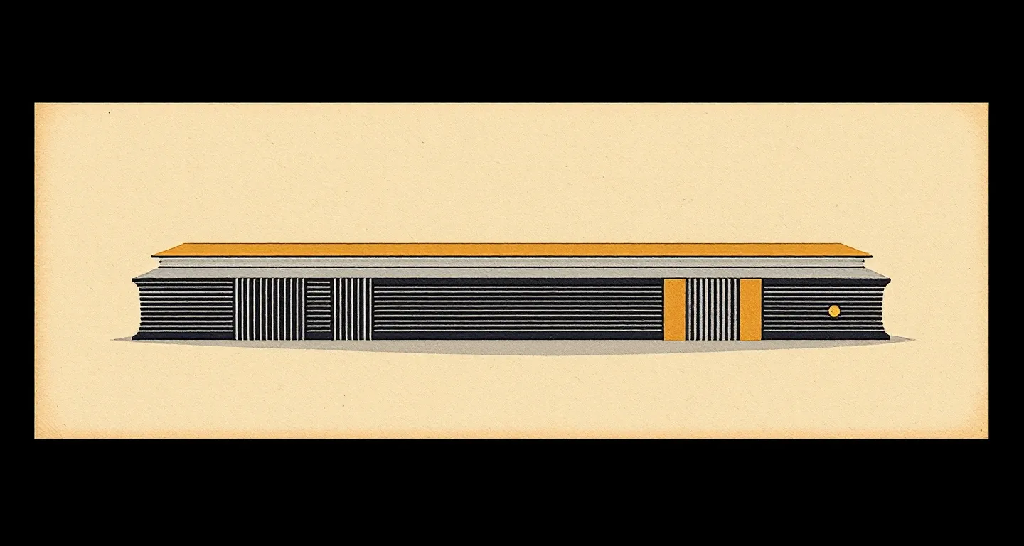Editorial plate of abstract bound-volume spines with goldenrod accents in a quiet row over beige paper