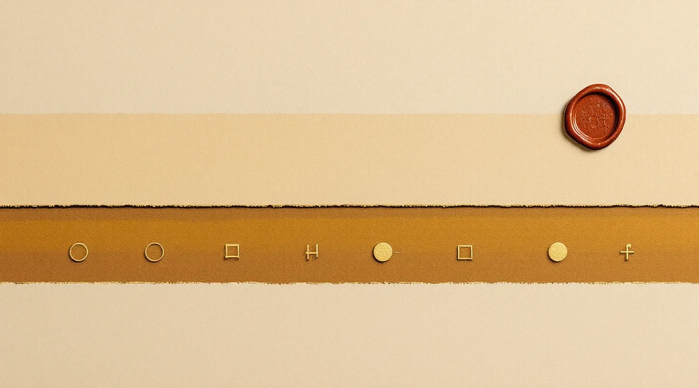 Hand-bound editorial plate: an abstract pentapeptide rendered as five brass markers on a walnut ledger band over warm beige paper