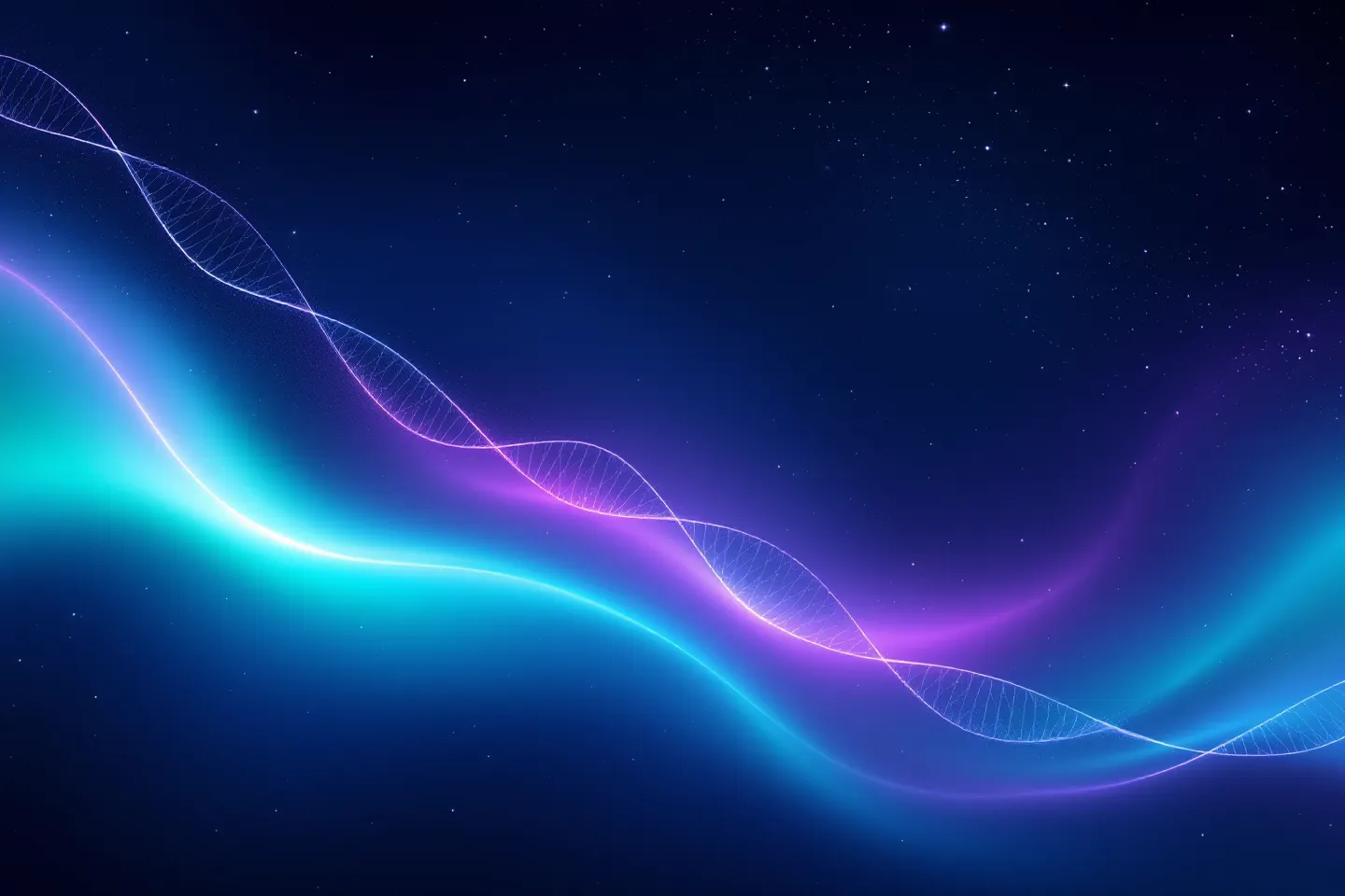 Aurora-green ribbon of light over a deep blue-violet field with a faint peptide-chain lattice